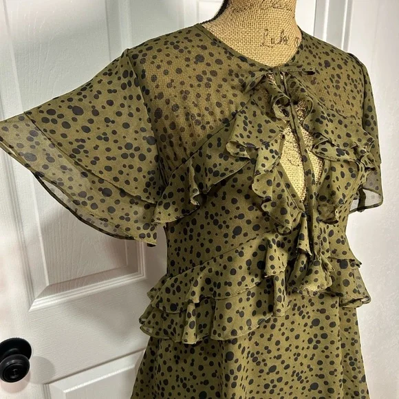 MISA  LOS ANGELES DRESS Chic Ruffle Olive Polka Dot Mini Dress - Picture 3 of 7